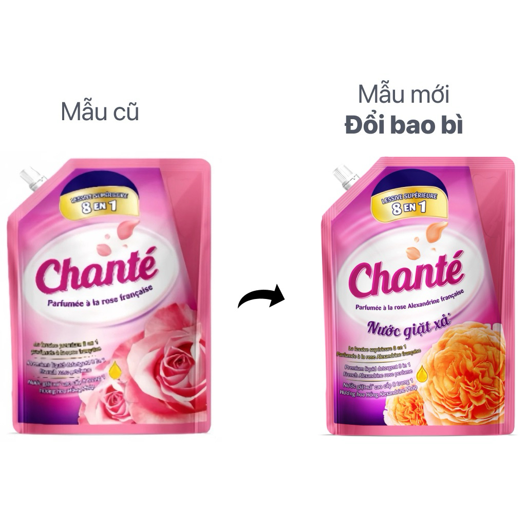 Nước giặt xả Chanté 8 trong 1 hương hoa hồng Pháp túi 3.05 kg