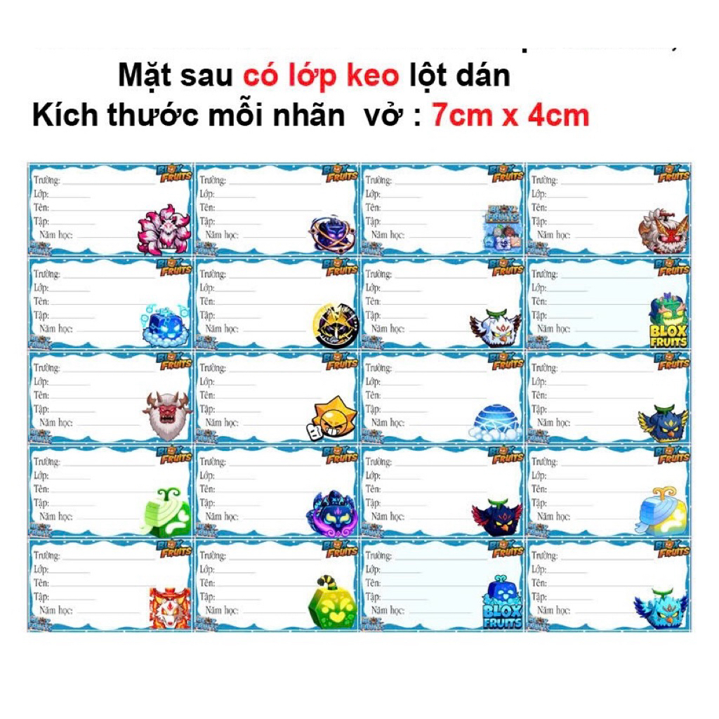 Nhãn dán Blox fruits 100 nhãn khác nhau/ nhãn vở hình Blox Fruits/ nhãn vở Game Blox fruits