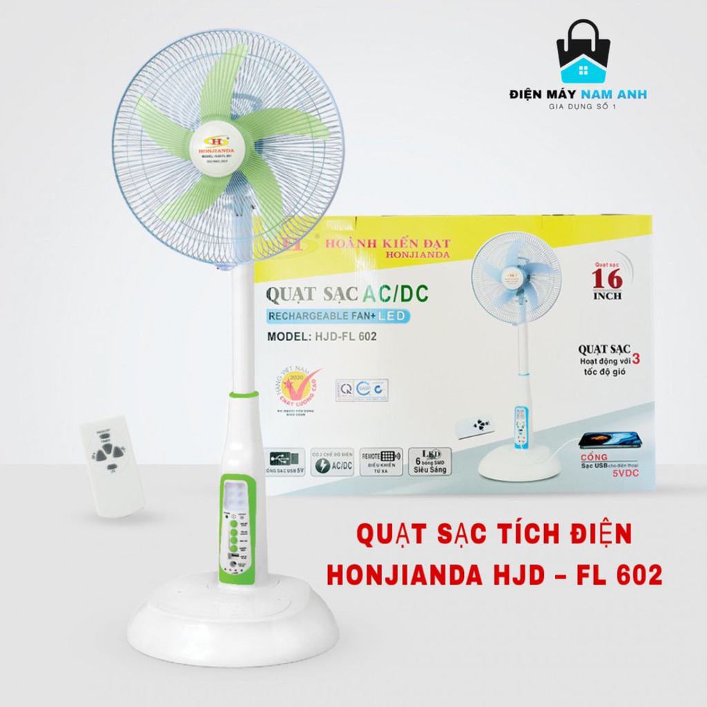 QUẠT SẠC TÍCH ĐIỆN HONJIANDA 2 bình HJD-FL 602 có remote điều khiển, đèn LED hỗ trợ cúp điện [Hàng c