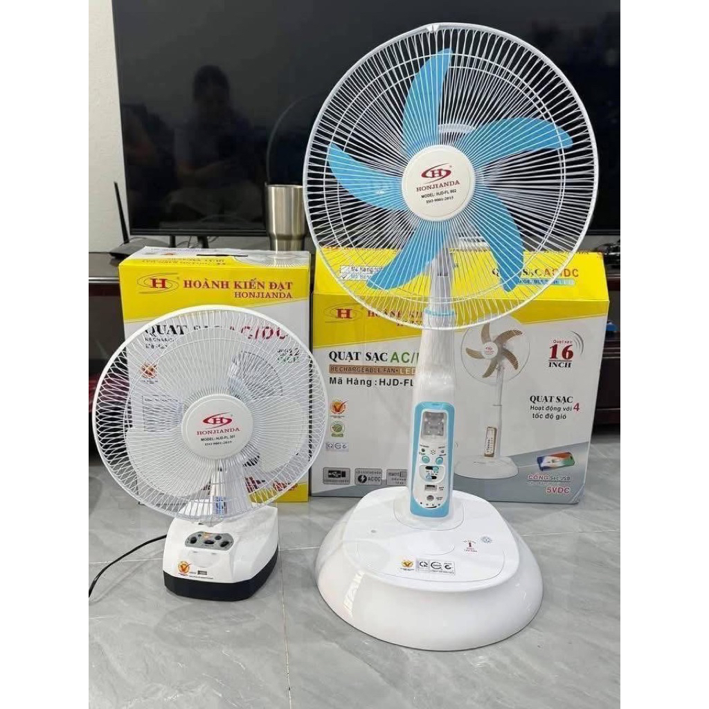 QUẠT SẠC TÍCH ĐIỆN HONJIANDA 2 bình HJD-FL 602, đèn LED hỗ trợ cúp điện [Hàng chính hãng]