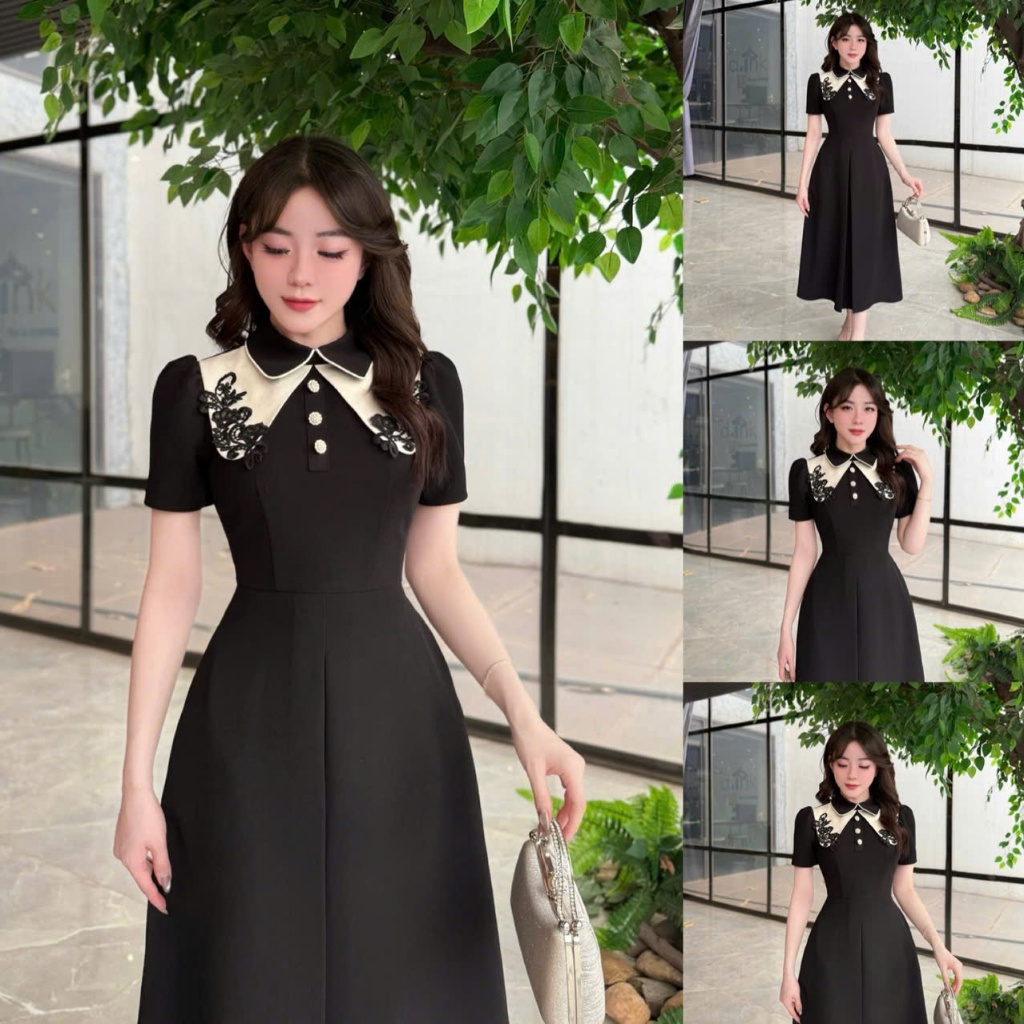 TY85 - Váy Thiết Kế Evii dành cho nữ, Đầm thiết kế cổ kép phối ren tạo điểm nhấn, dáng A dài