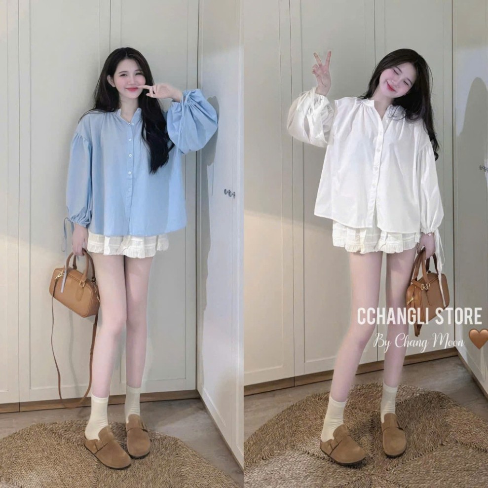 Áo Sơ Mi Babydoll Dài Tay Form Rộng Giấu Quần Tay Ly Bồng Size S M - Halinh Shop - Sơ Mi Nữ Tay Bồng