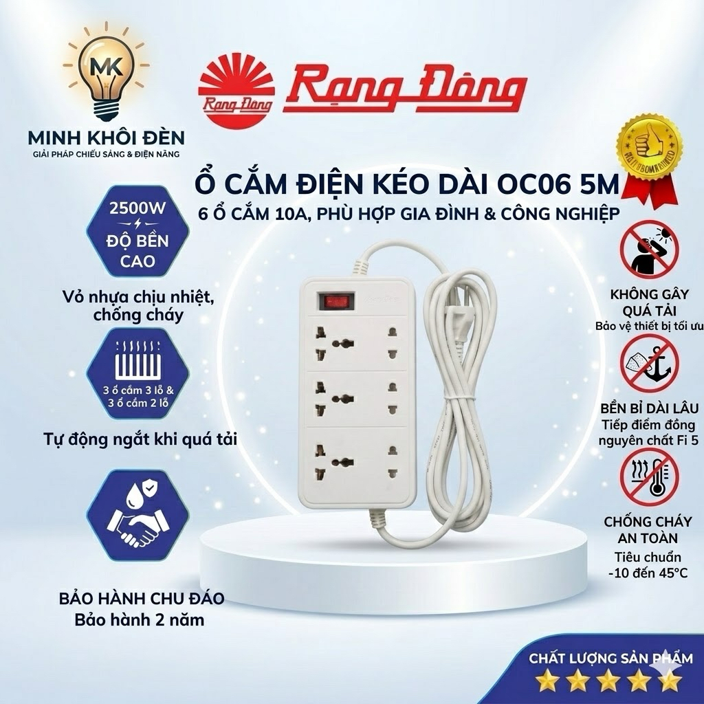 Ổ cắm kéo dài OC06 chính hãng Rạng Đông 2m/5m