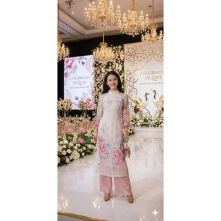 Áo dài dài Organza (quần+áo) trắng hồng