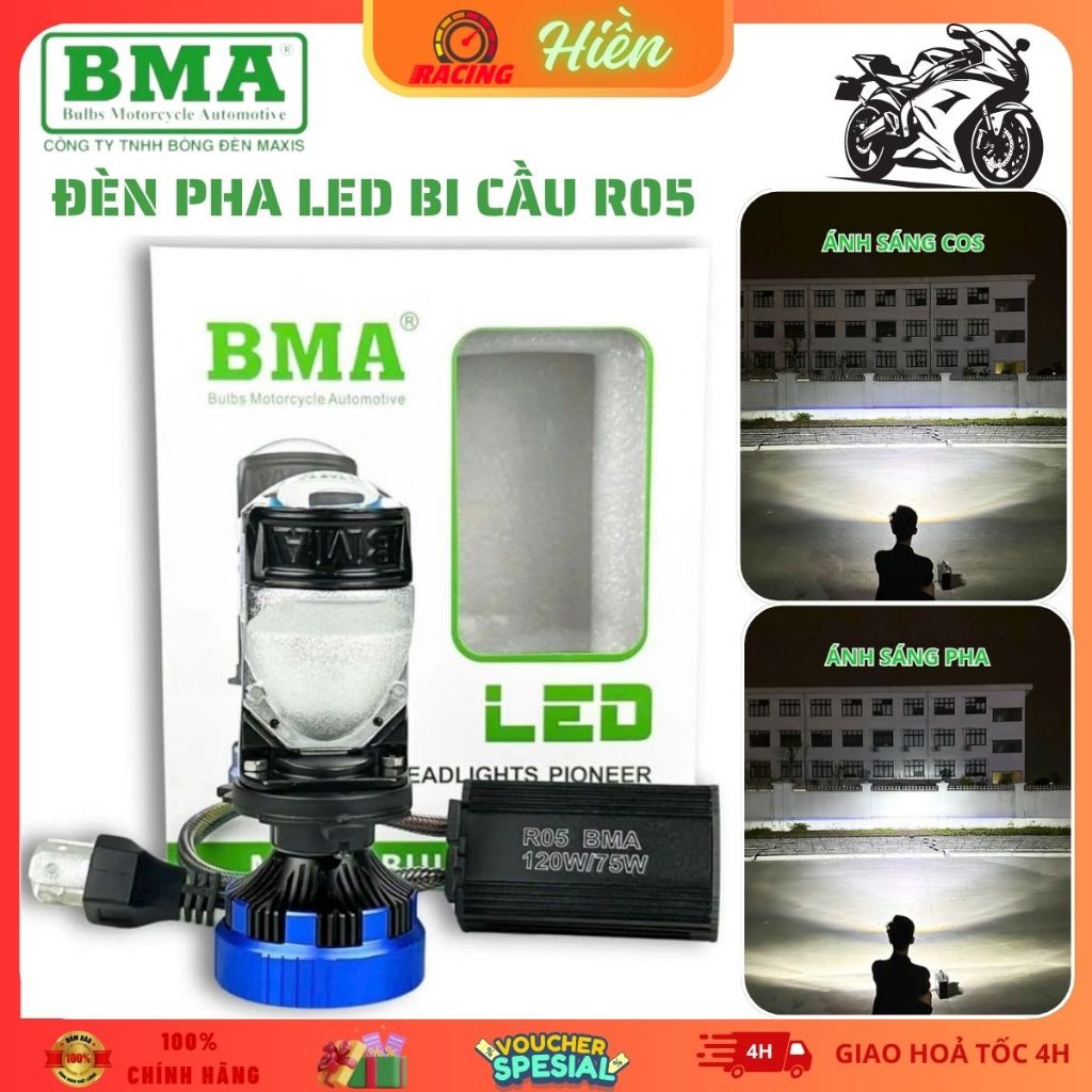 Đèn Pha Led Bi Cầu Chân H4 R05 BMA 120W – Dùng Được Điện Máy AC 9V-36V Cho Xe Máy, Ô Tô BH 12 Tháng