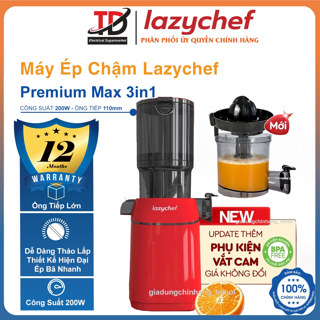 Máy Ép Chậm Lazychef Premium 3S LC-04ME, Ống Tiếp Rộng - Ép Kiệt - Dễ Tháo Lắp, Vận Hành Êm Ái, Hàng