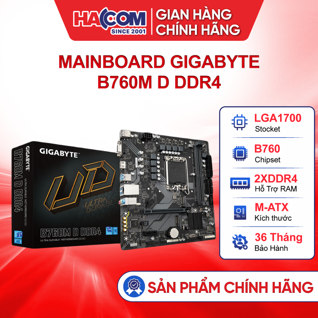 Mainboard Gigabyte B760M D DDR4 (Intel B760/LGA 1700/DDR4) Chính hãng - Bảo Hành 36 Tháng HACOM PC