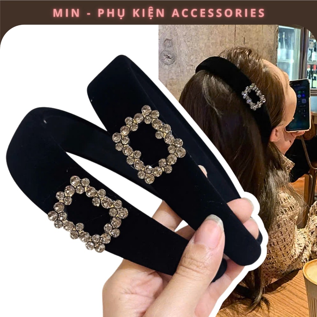 Bờm Tóc, Cài Tóc Nhung Đen Đính Đá Sang Trọng - Băng Đô Phong Cách Tiểu Thư Roger Vivier, chuẩn styl