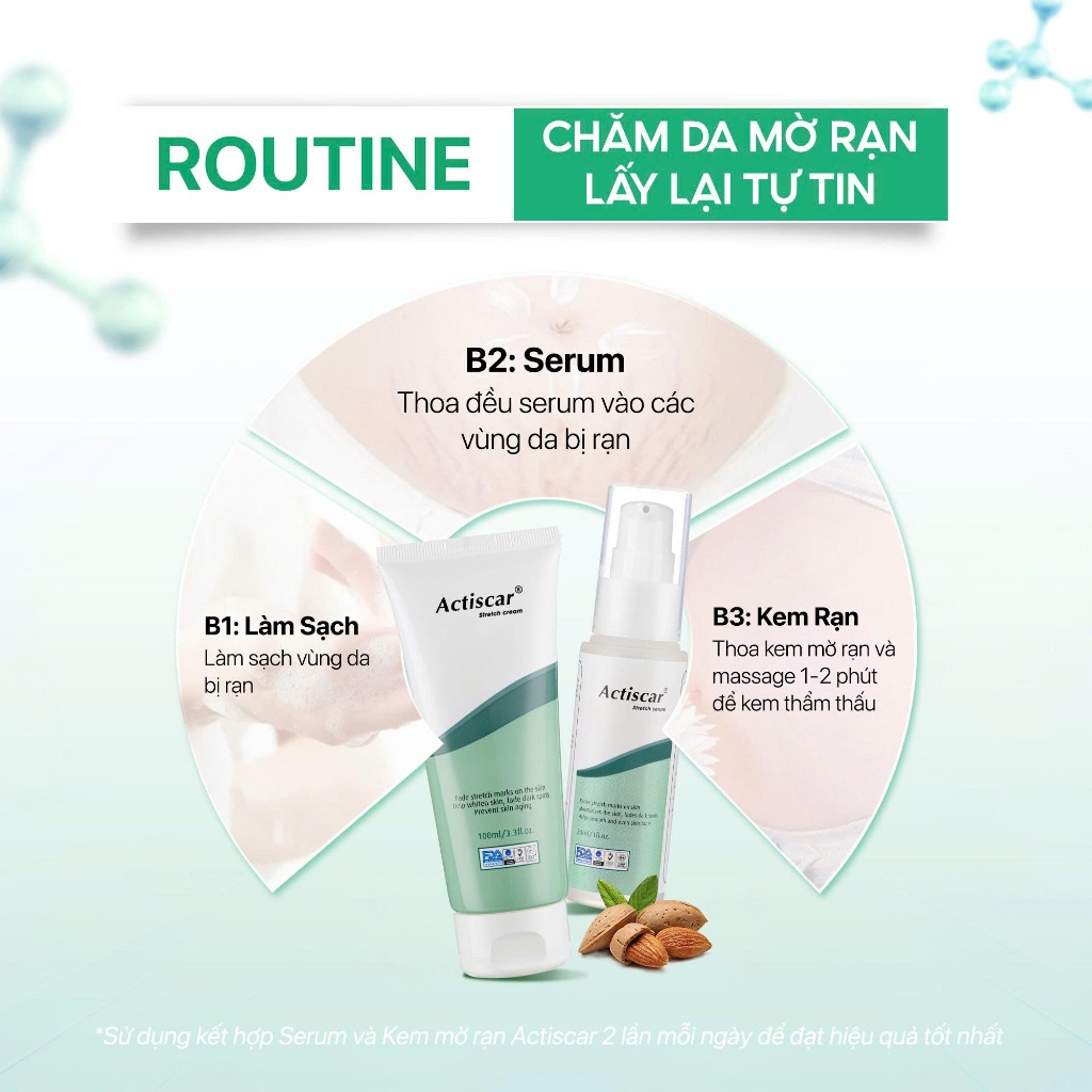 Combo Kem Rạn Da Và Serum Actiscar Stretch Làm Mờ Rạn Do Mang Thai, Dậy Thì, Tăng Cân, Cấp Ẩm Cho Da