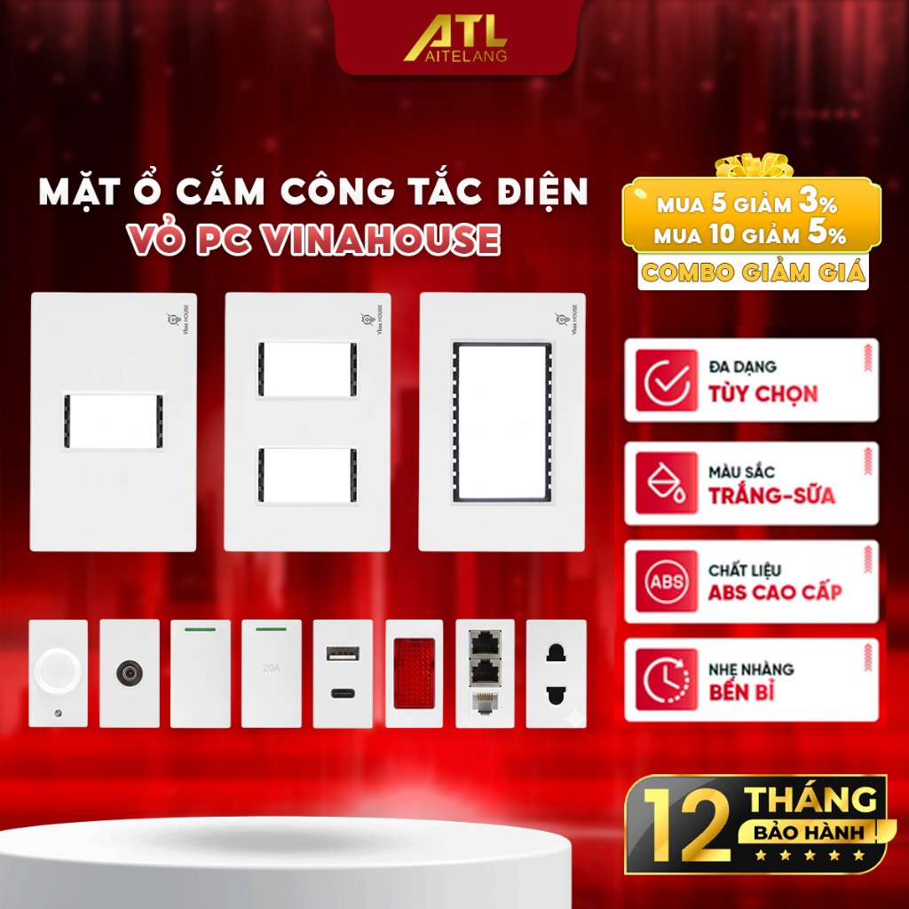 Mặt ổ cắm công tắc điện vỏ PC trắng VinaHouse, bền đẹp, đễ lắp đặt an toàn điện
