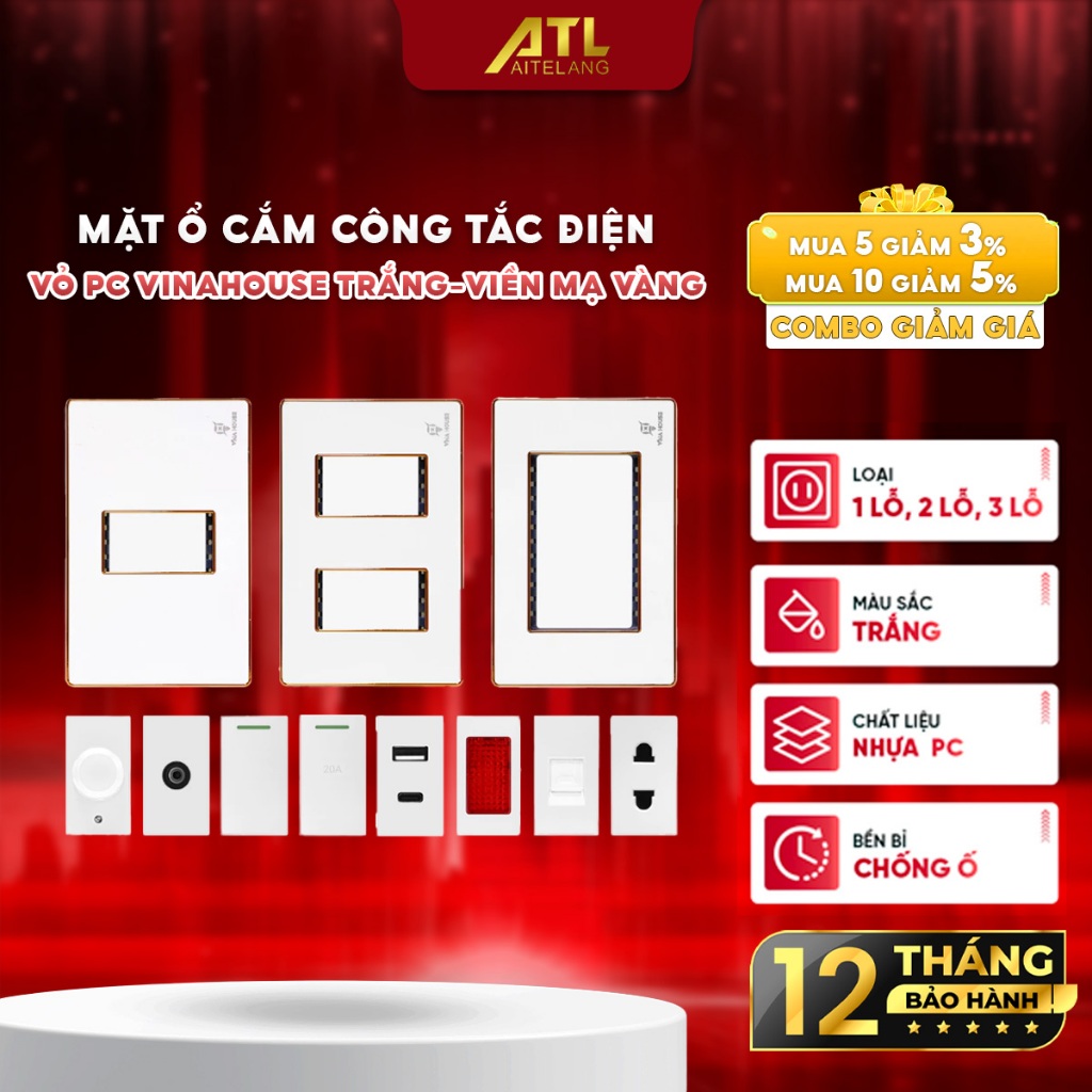 Mặt ổ cắm công tắc điện vỏ PC trắng viền mạ vàng VinaHouse, bền đẹp, dễ lắp đặt, an toàn điện