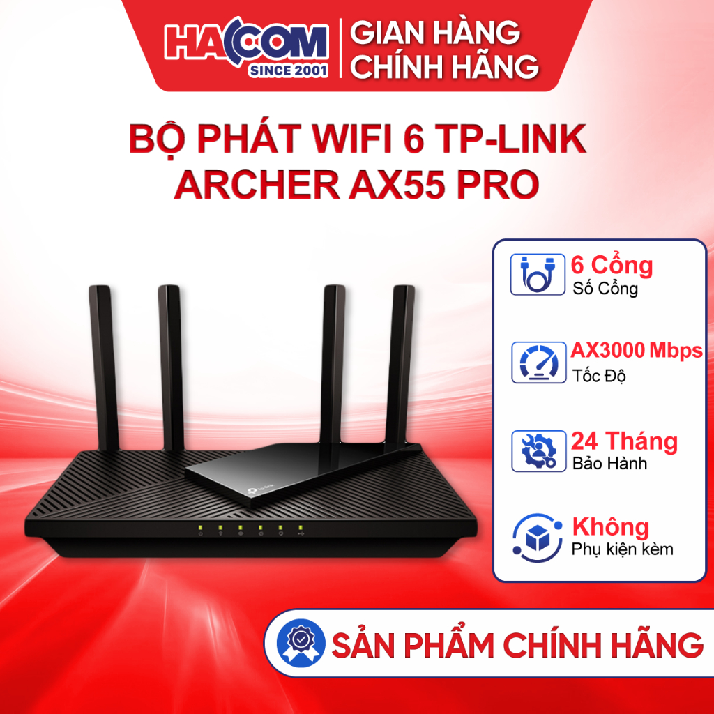 Bộ phát wifi 6 TP-Link Archer AX55 Pro (AX3000- Cổng 2.5G) HACOM PC