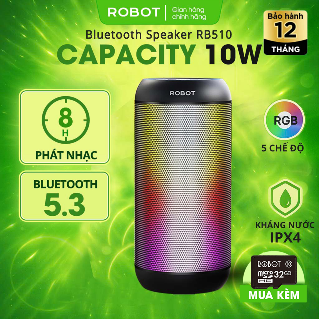 Loa Bluetooth Mini RB510 ROBOT Bass Lớn Công Suất 10W Đèn Led RGB Chống Nước ipx4