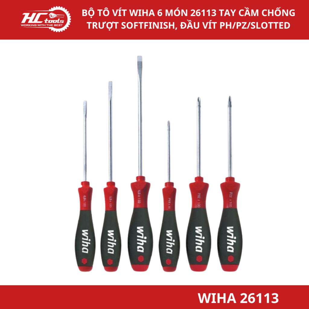 Bộ Tô Vít Wiha 6 Món 26113 Tay Cầm Chống Trượt SoftFinish, Đầu Vít PH/PZ/Slotted - HCTools