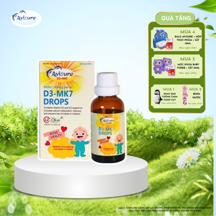 Vitamin D3 K2 Avisure D3MK7 TPBVSK Hỗ Trợ Tăng Hấp Thụ Canxi, Chắc Xương Răng 20ml
