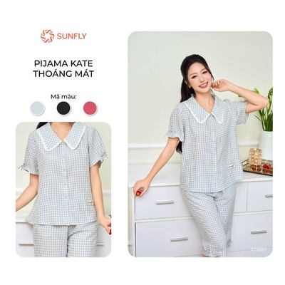 Bộ mặc nhà pijama nữ áo cộc quần ngố họa tiết kẻ caro kate mềm mát, nhanh khô SUNFLY ST9357