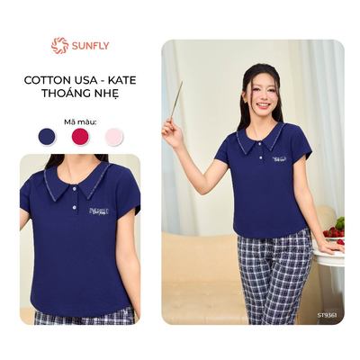 Đồ bộ mặc nhà nữ cộc tay quần ngố kate kẻ caro áo cotton USA  co dãn thoải mái SUNFLY ST9361