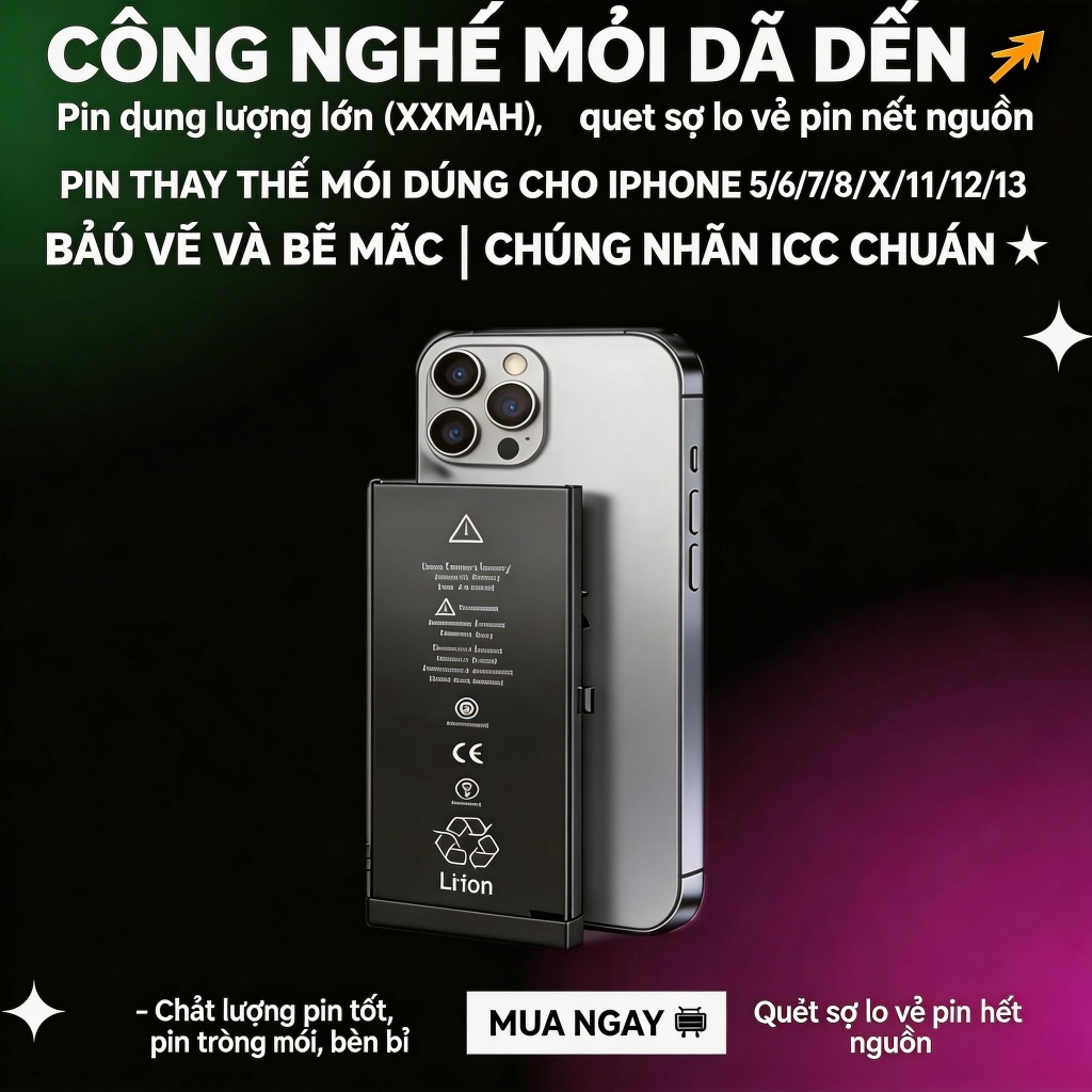 Pin thay thế cho iPhone, dung lượng cao, bền, tương thích iPhone X/XR/XS/11/12/13