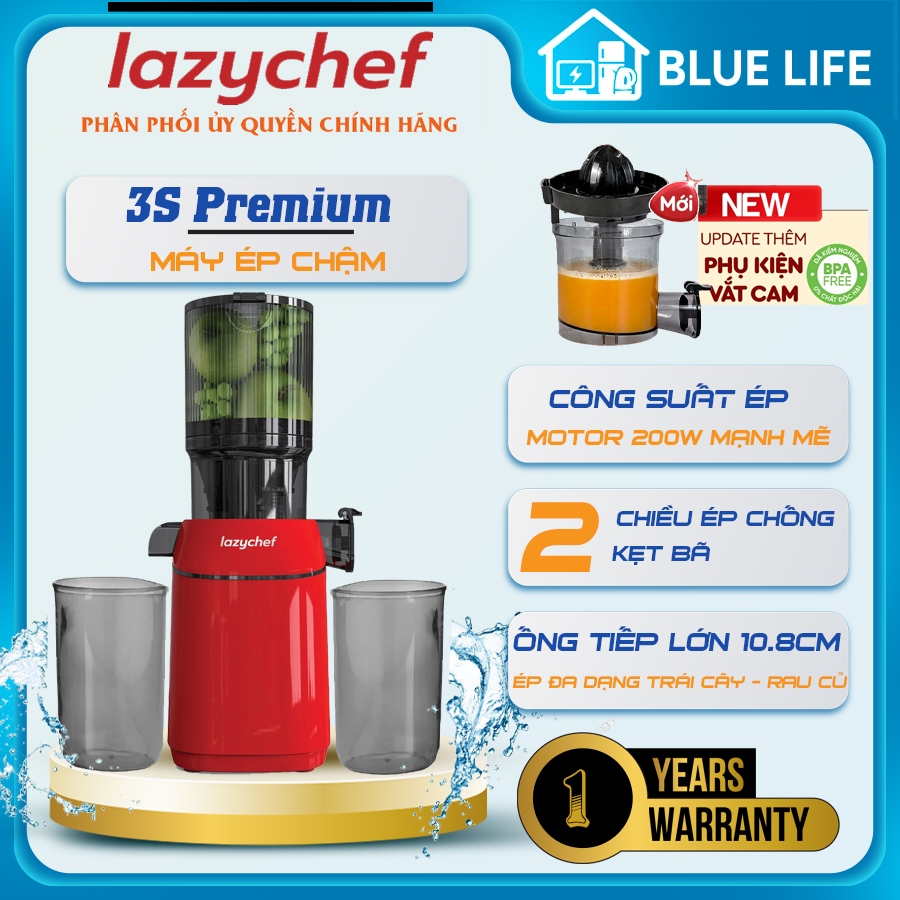 Máy Ép Chậm Premium 3S Lazychef LC-04ME, Ống Tiếp Rộng - Ép Kiệt - Dễ Tháo Lắp, Vận Hành Êm Ái, Hàng