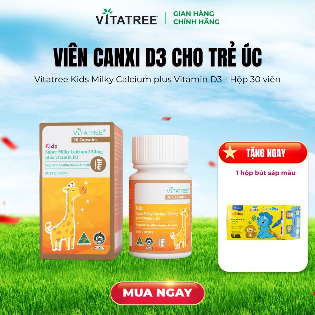 TPBVSK Kids Super Milky Calcium 330mg plus Vitamin D3 Hộp 30 viên - Viên canxi sữa Vitatree