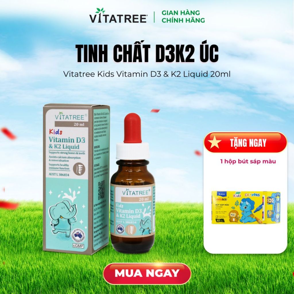 TPBVSK Vitatree Kids Vitamin D3 & K2 Liquid 20ml -  Tinh Chất D3K2 Hỗ Trợ Hấp Thu Canxi Cho Trẻ