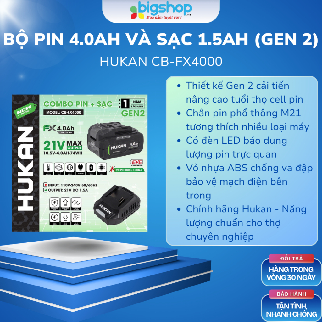 Bộ pin 4.0Ah và sạc 1.5Ah (Gen 2) HUKAN CB-FX4000