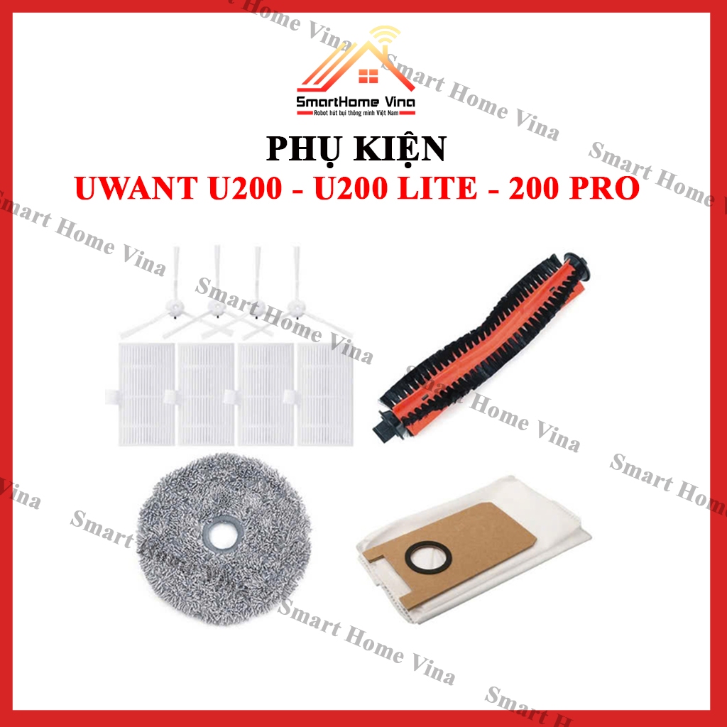 Phụ kiện robot hút bụi Uwant U200, U200 Pro, U200 Lite. Chổi quét, khăn lau, lọc bụi, nước lau sàn.
