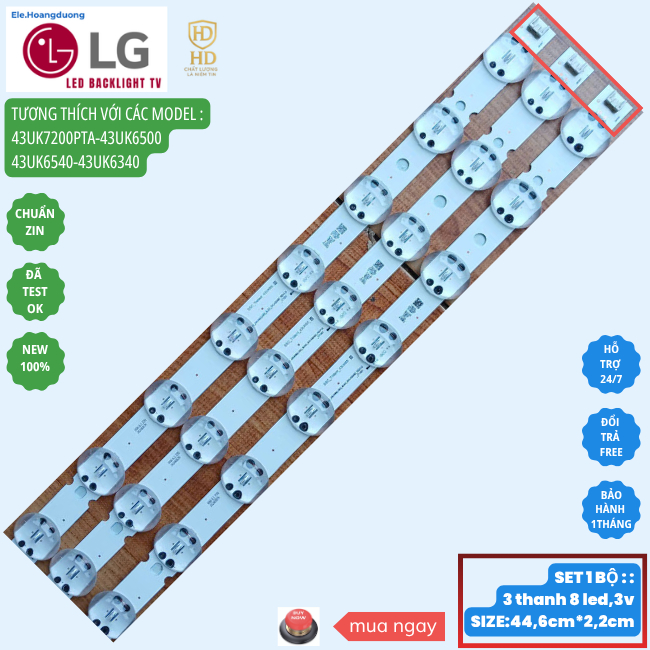 Thanh led tivi lg 43 inch 43uk6540 43uk6340 43uk6500 43um7200pta (set 1 bộ led 3 thanh 8 bóng mắt tr