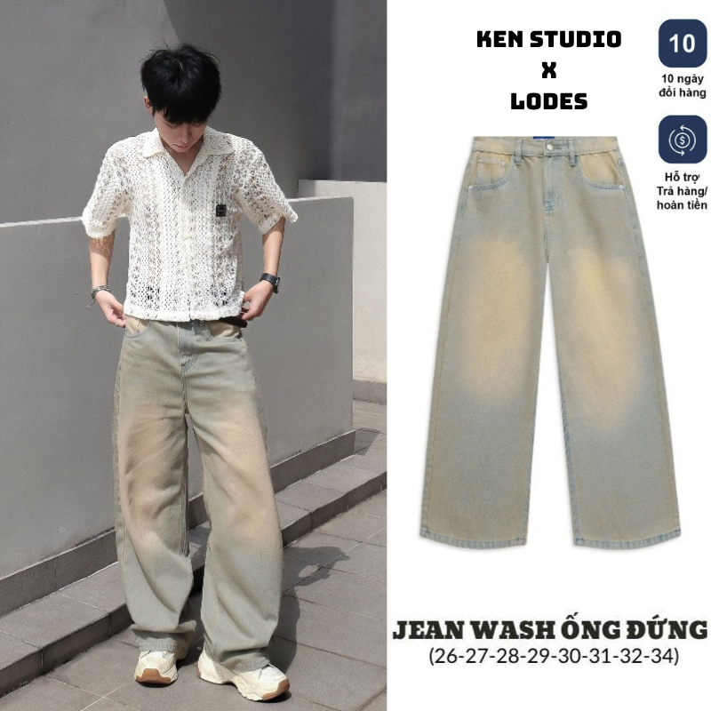 Quần Jean Nam Ống Suông Form Rộng Màu Be Cát Chất Vải Denim Cao Cấp Phong Cách Retro LODES CLUB
