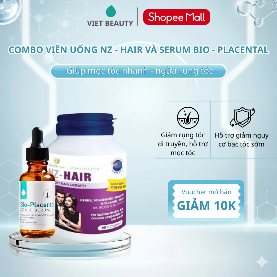 Combo serum dưỡng nang Bio - Placental 30ml và viên uống NZ- Hair hỗ trợ mọc tóc từ sâu bên trong