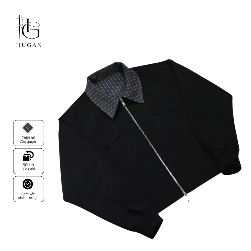 Áo Khoác Zip Jacket Form Boxy Cổ Kẻ Cao Cấp Đứng Form HUGAN