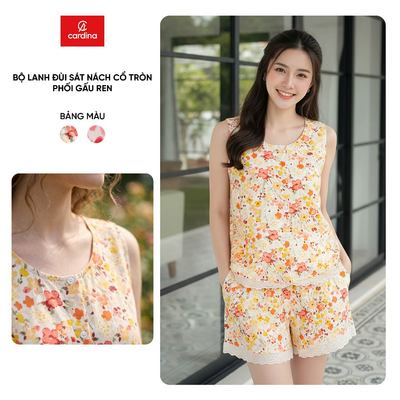 Bộ đồ mặc nhà nữ CARDINA chất liệu lanh sát nách đùi cổ tròn gấu ren 6BLN04