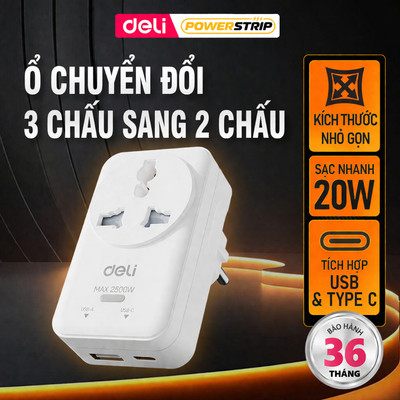 Phích Ổ chuyển đổi 3 chấu sang 2 chấu DELI, Ổ Chia Điện Đầu Giường Nhỏ Gọn Tiện Lợi Tiết Kiệm Không Gian