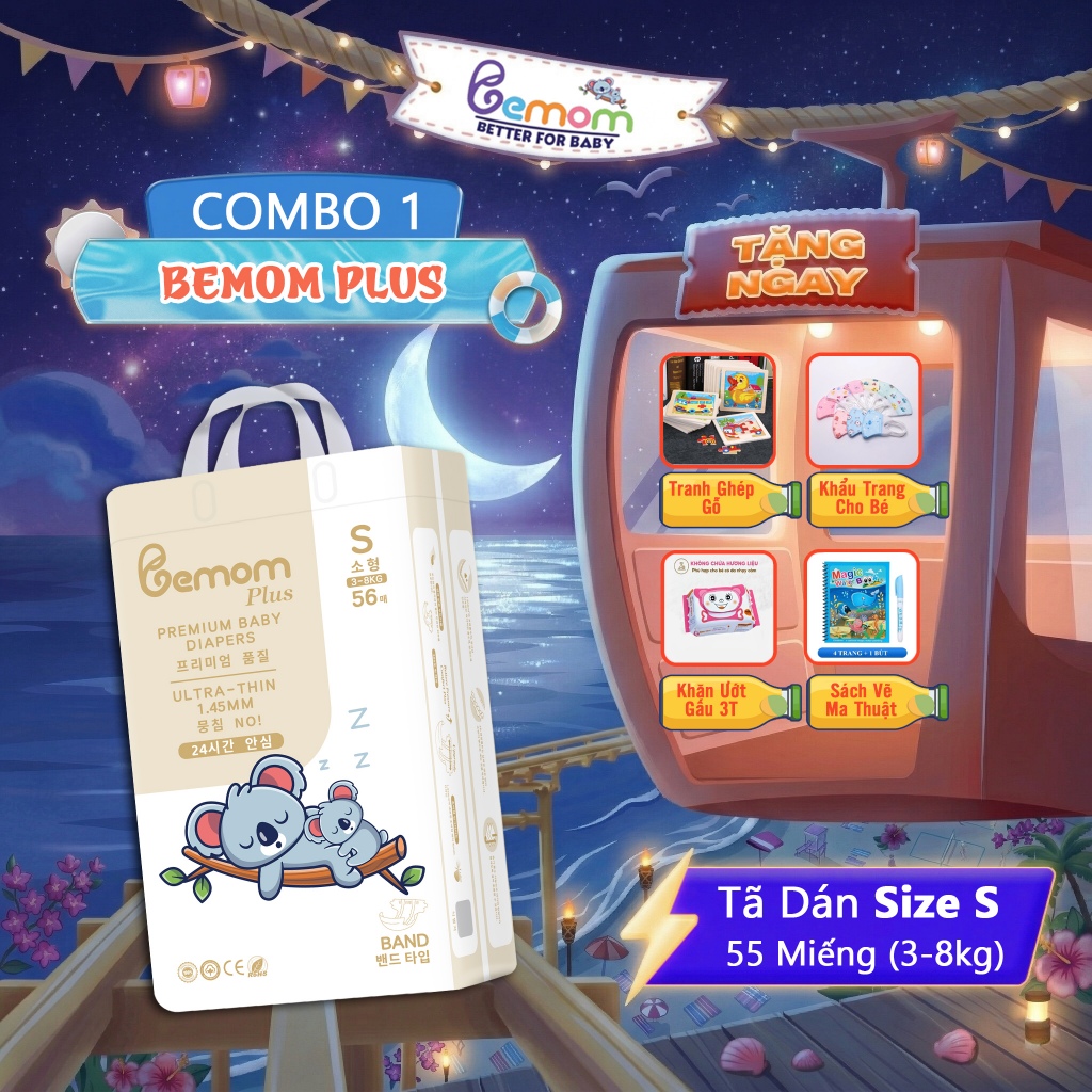 Tã/Bỉm DÁN Bemom Plus, Bỉm đêm Hàn Quốc Đủ Size Cho Bé Size S 56 Miếng từ 3-8kg