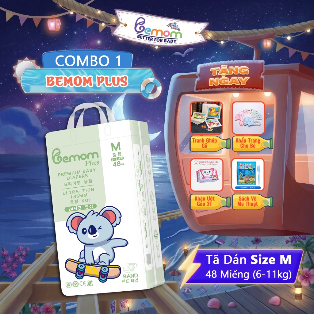 Tã/Bỉm DÁN Bemom Plus, Bỉm đêm Hàn Quốc Đủ Size Cho Bé Size M 48 Miếng từ 6-11kg