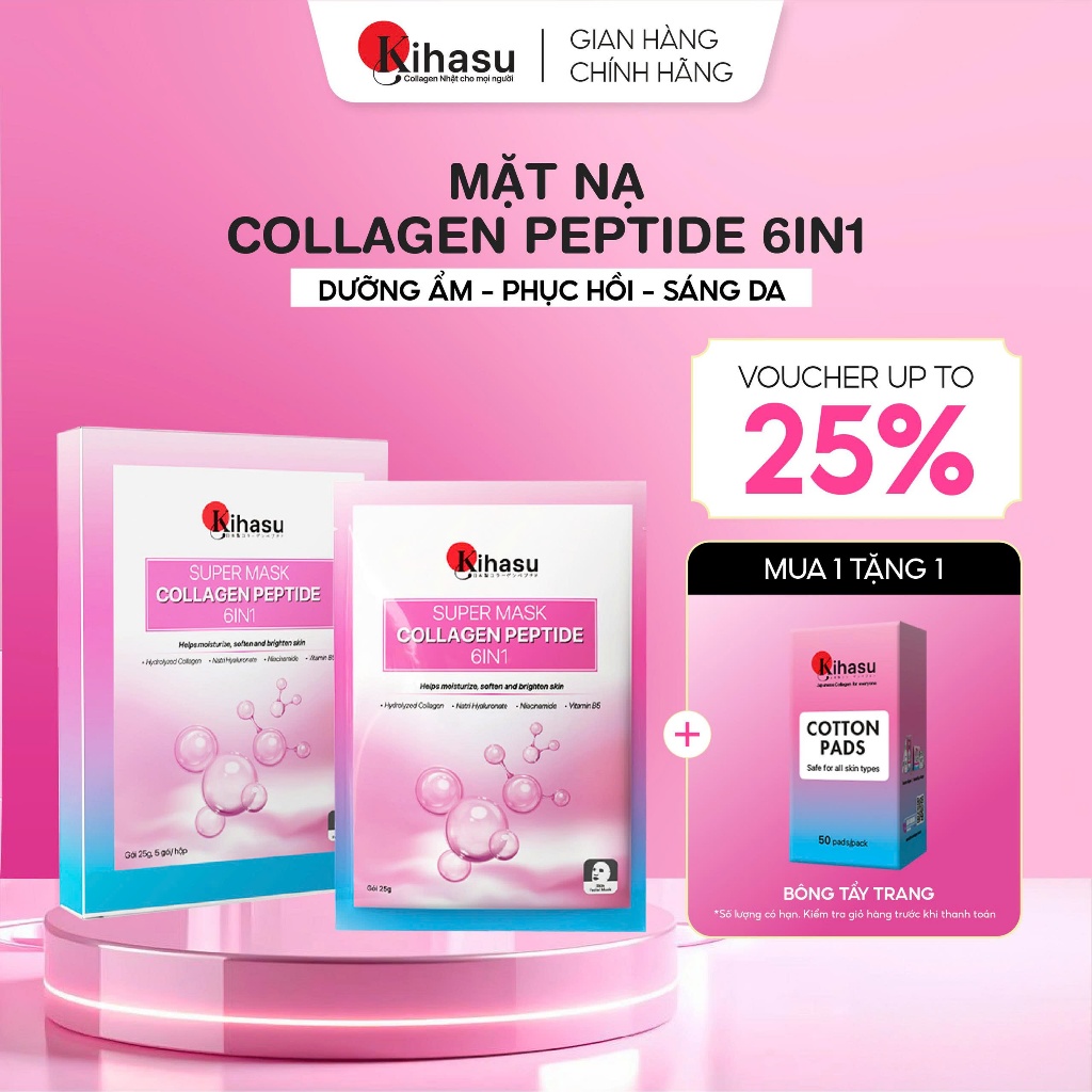 [LIVE] Hộp  Mặt Nạ 5 Miếng Collagen Peptide 6in1 Kihasu  Cấp Ẩm, Phục Hồi, Trẻ Hóa Da