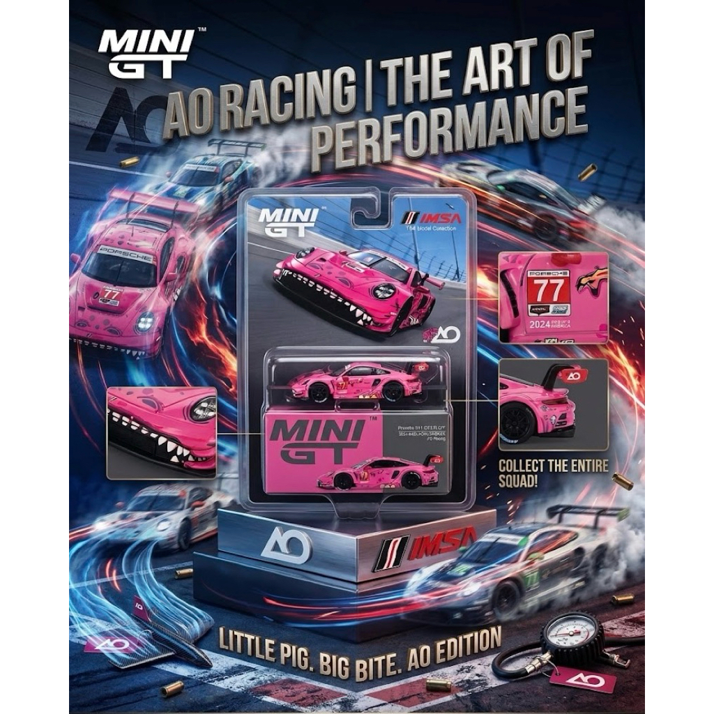 MINI GT Porsche 911 GT3 R #77 AO Racing 2024 (Red) - Card