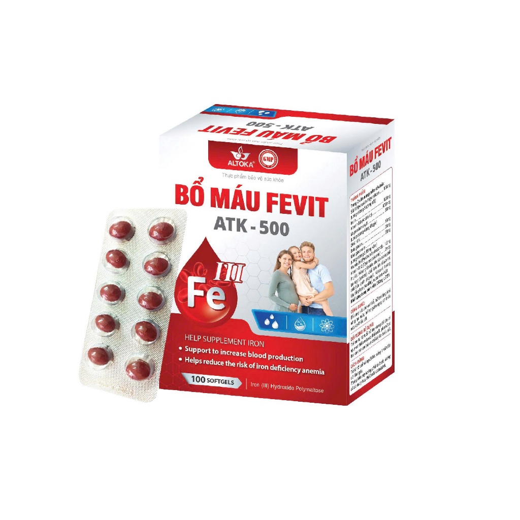 Bổ máu FEVIT ATK 500 – Tăng tái tạo máu, Giảm nguy cơ thiếu máu do thiếu sắt ( Hộp 100 viên )