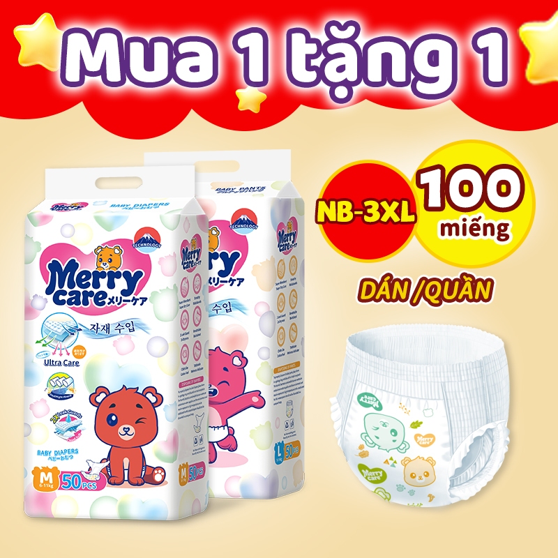Mua 1 tặng 1 Merry Care quần Bỉm 50+Miễn phí 50Chiếc NB/S/M/L/XL/XXL/XXXL Mềm Thoáng Khí Quần Tã Cho Bé