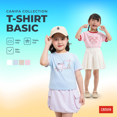 Áo phông ngắn tay bé gái CANIFA cổ tròn phối màu in họa tiết 1TS26S003