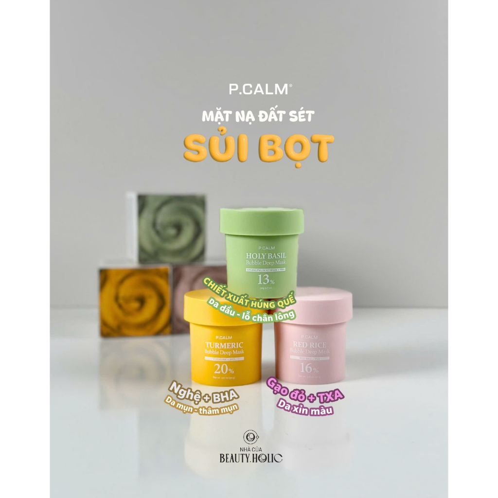 Mặt nạ đất sét sủi bọt P.CALM Turmeric Bubble Deep Mask - Red Rice Bubble Deep Mask - Holy Basil Bub