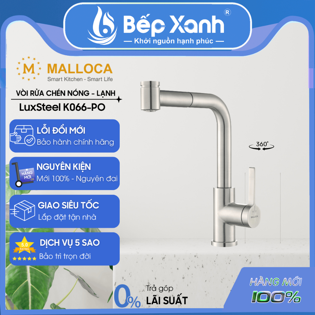 Vòi rửa chén Malloca LuxSteel K066-PO có dây rút - 2 nguồn nóng lạnh