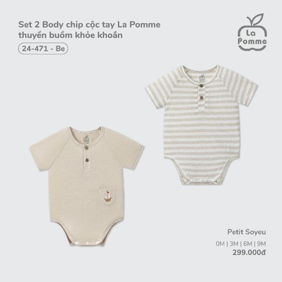 Set 2 body chip cộc tay La Pomme- Bé trai/ bé gái dưới 12kg- Chất petit sợi tre tiện lợi, mát mẻ, an toàn cho da- 0M- 9M