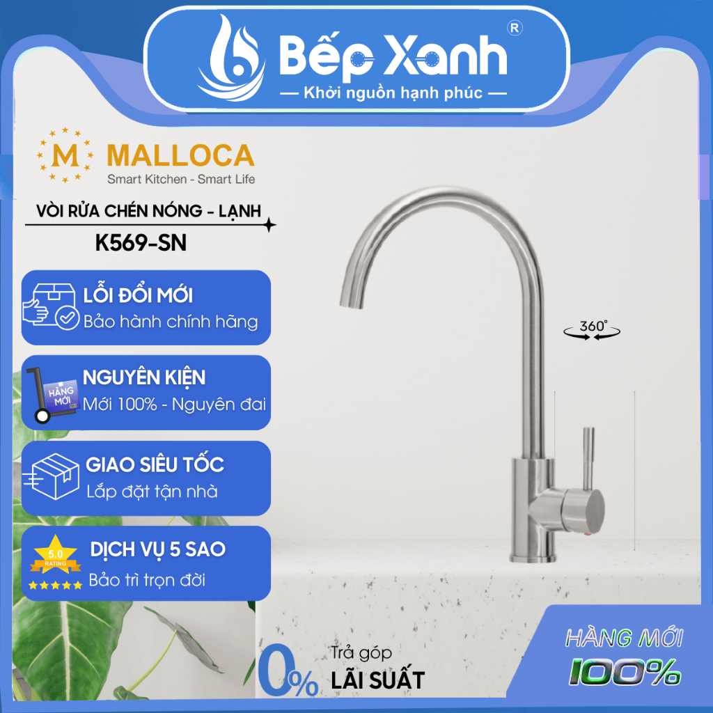 Vòi Rửa Chén Malloca K569-SN - 2 Nguồn Nóng Lạnh - Chất Liệu Inox 304