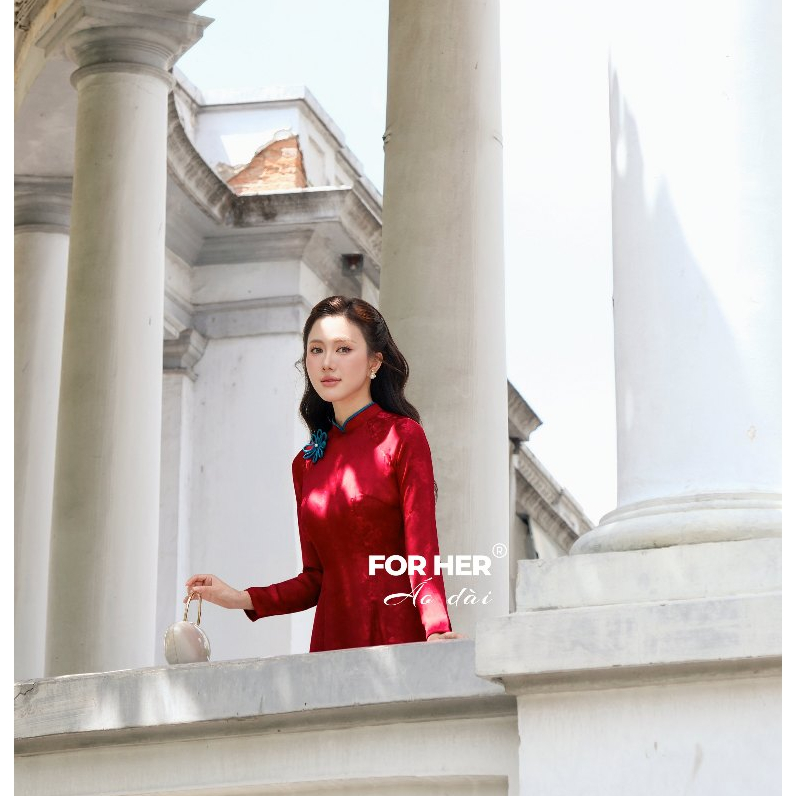 Áo dài Vân Hạ For Her tơ tằm hoa rơi đỏ - AD05304