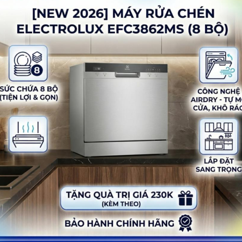 EFC3862MS  - New 2026 | Máy Rửa Chén Electrolux EFS6010BW/ EFC3862MS 8 Bộ - Đời Mới 2026, Rửa Sạch S