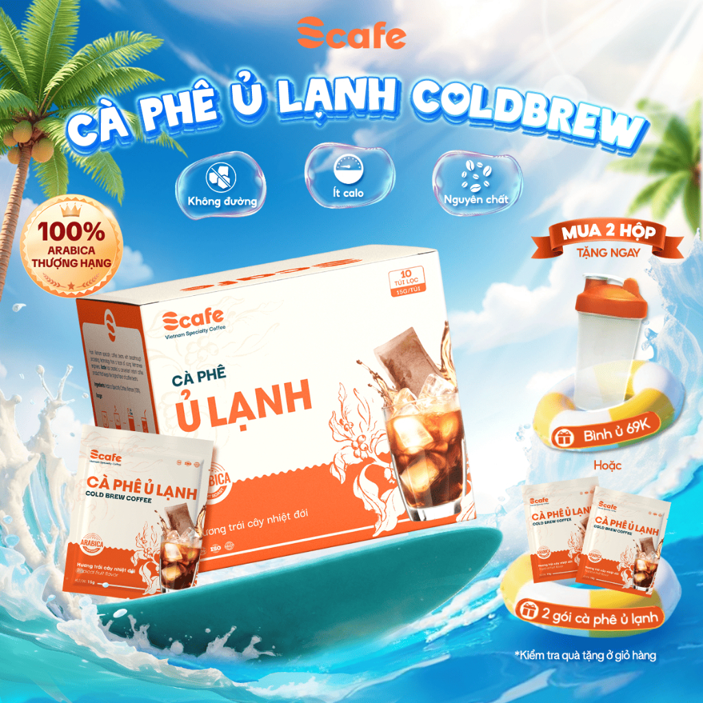 Cà phê Ủ Lạnh Cold Brew Scafe Việt Nam 100% Arabica, Arabica Cầu Đất Hộp 10 Túi x 20G