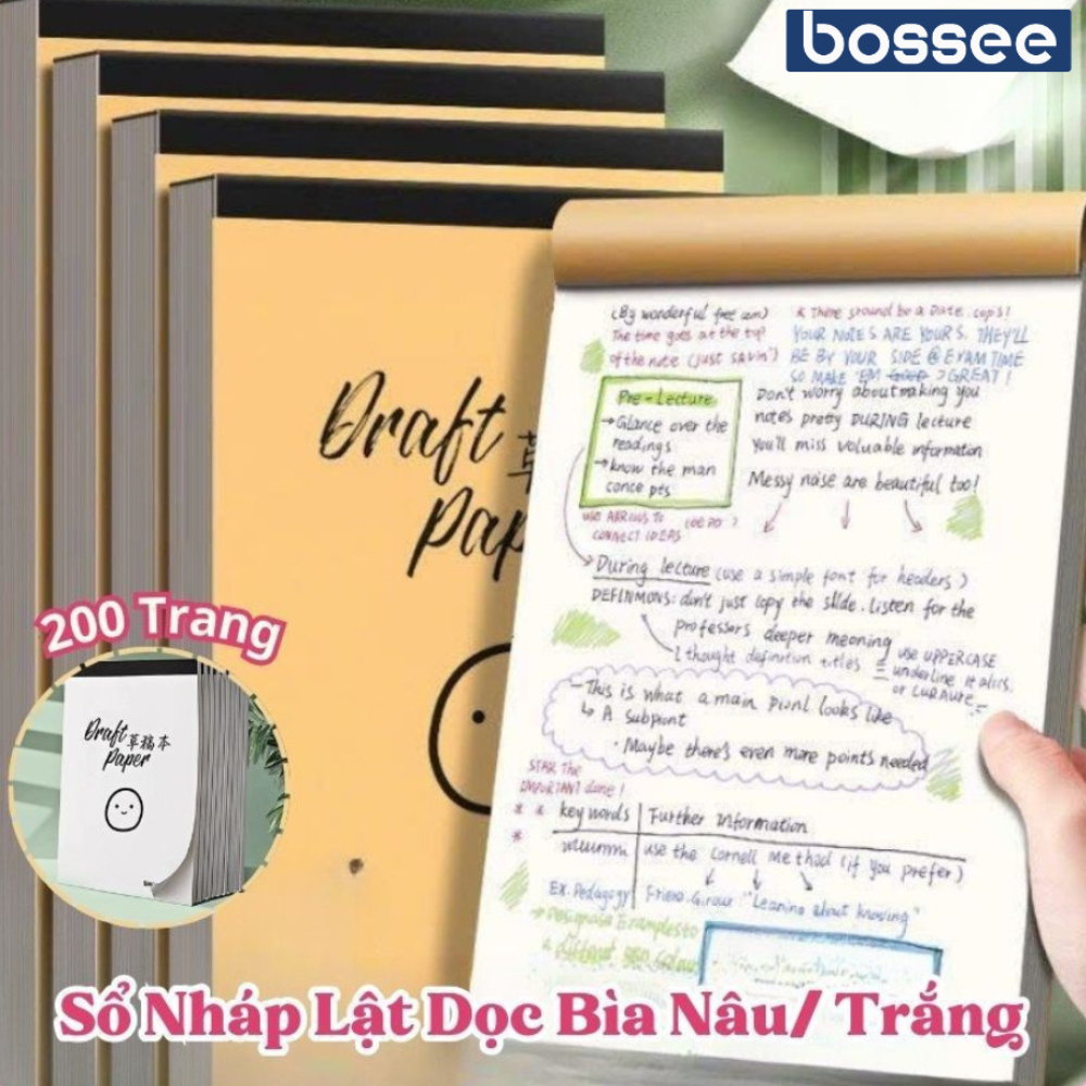 Sổ Ghi Chú 200 Trang Bìa Kraft Bossee, Vở Nháp,Sổ Tay Lật Dọc Ghi Chép,Vở Vẽ Chất Liệu Giấy Mềm Mịn
