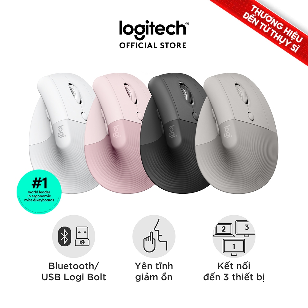 Chuột công thái học không dây Logitech Lift Vertical - Bluetooth | USB, giảm ồn, Win/ Mac