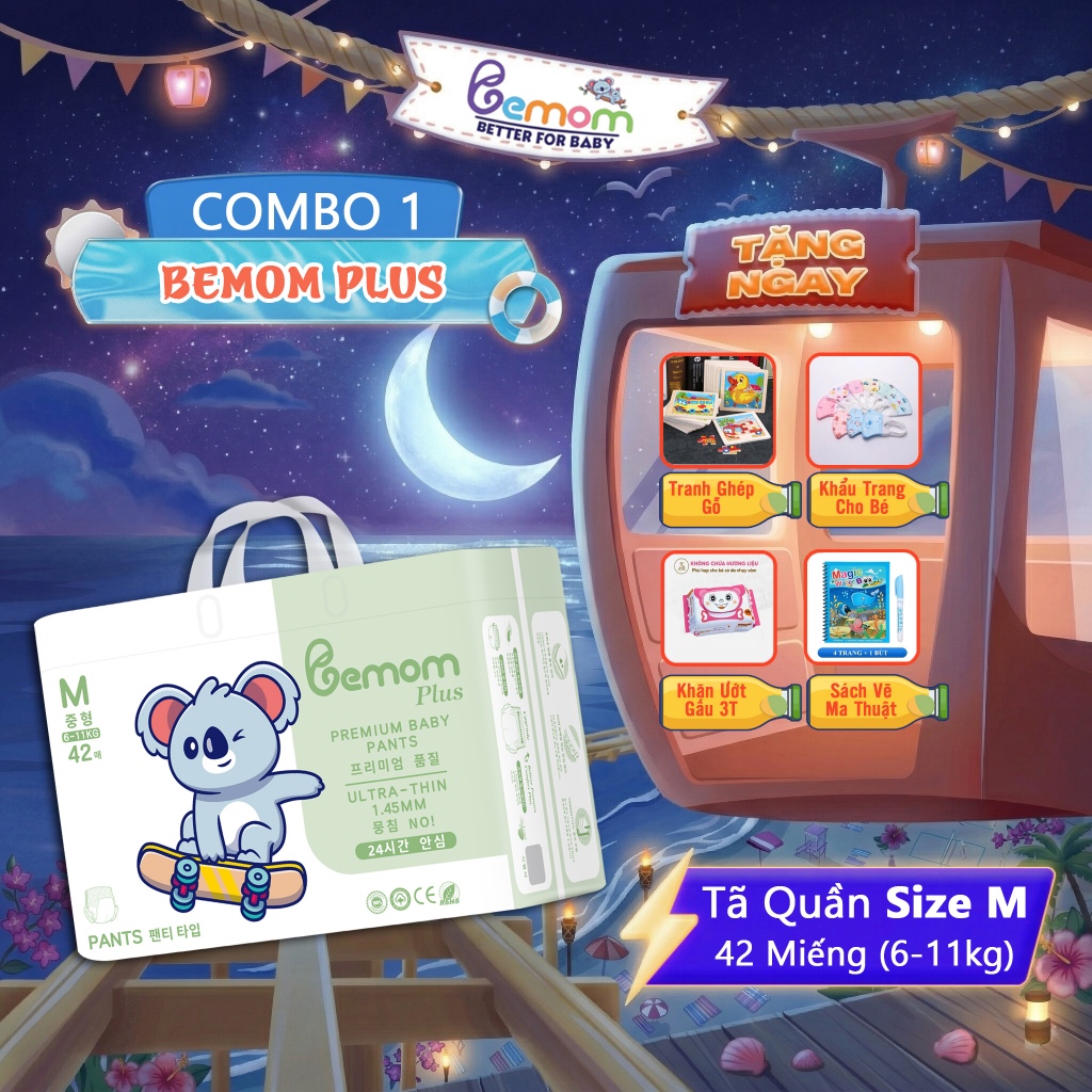 Tã/Bỉm QUẦN Bemom Plus, Bỉm đêm Hàn Quốc Đủ Size Cho Bé Size M 42 Miếng từ 6-11kg
